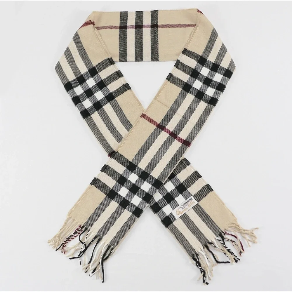 Royal Rossi 100% Mongolian Cashmere Plaid Check Scarf Tan Black White Fringe 70